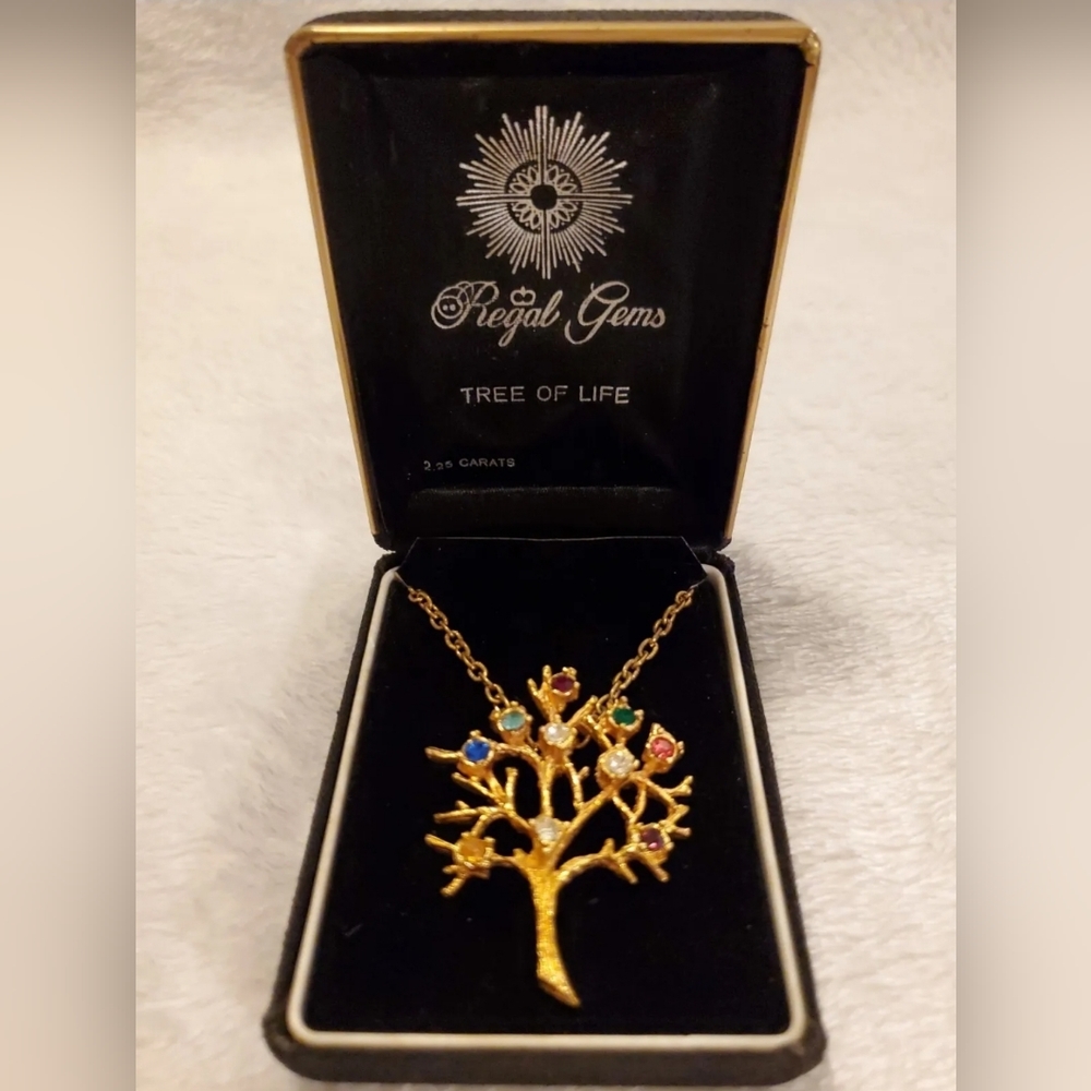 Vintage REGAL GEMS 2.25 CARATS TREE OF LIFE GOLD TONE RHINESTONE NECKLACE